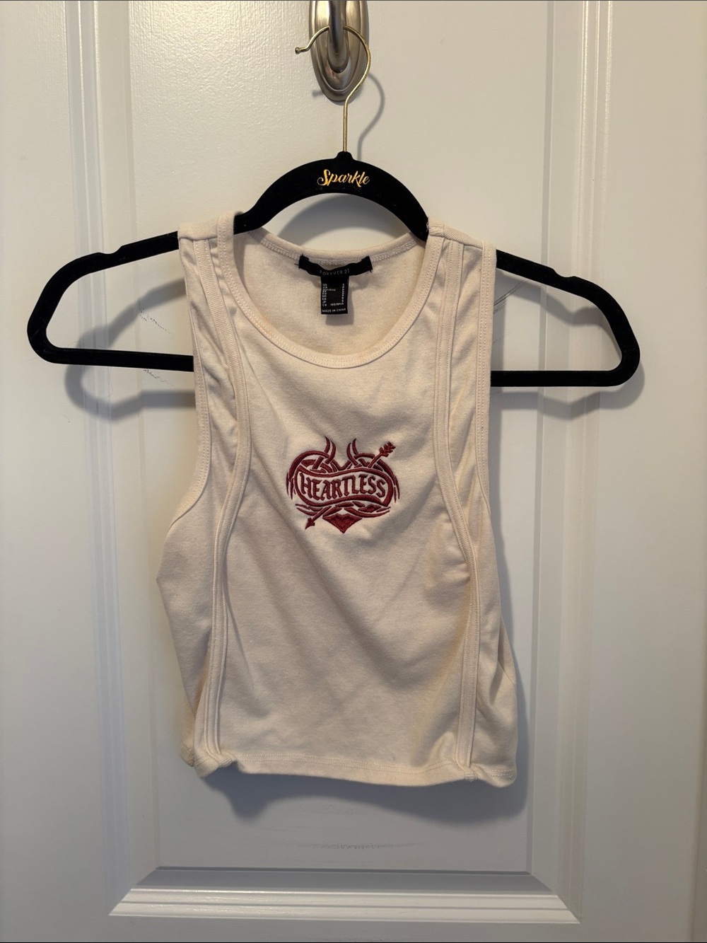 Forever 21 Cream Tank with Red Heart 'Heartless' Embroidery